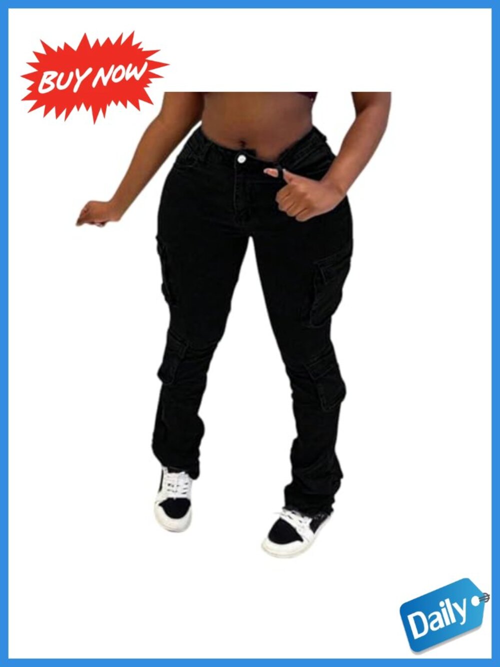 Skinny Cargo Pants Mid Waist Stretch Fit Tapered Leg Women's Jeans